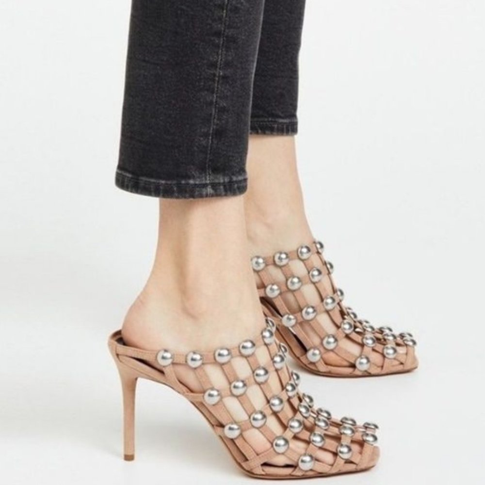 Alexander Wang Sadie Caged Studded Suede Mules Heels  Sz 40.5